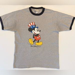Disney Vintage Ringer Mickey USA American Flag Hat T-shirt Sz Large 90s 2000s